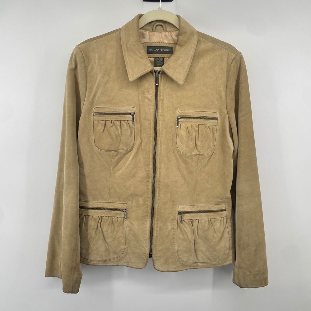VTG Banana Republic Suede Jacket Women 12 Tan Leather Zip Up Utility Safari Coat